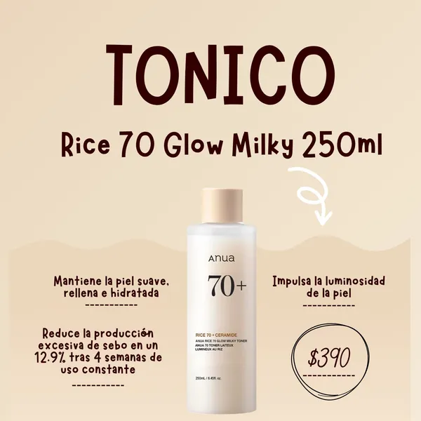 Anua Tónico Rice 70 Glow Milky 250ml para Piel Radiante